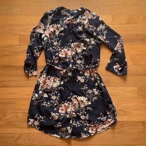 Navy floral print tie dress